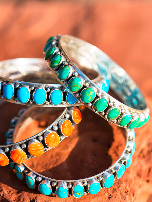 Luxury Micro Pave CZ Bangle Bracelet – King Crown Tube Charm – Red Turquoise Beads – Yellow Gold Filled, Stainless Steel