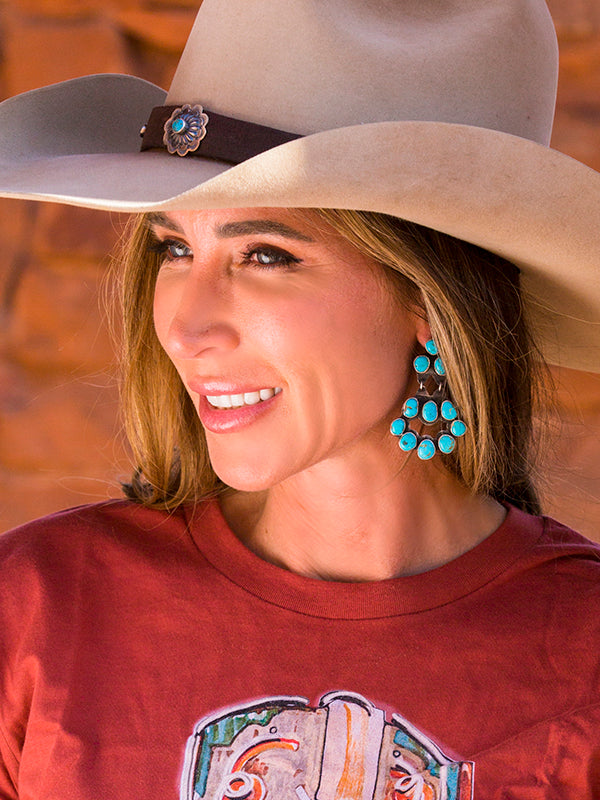 Straw Western Pinch Front Hat with Turquiose Trim, Sunburst